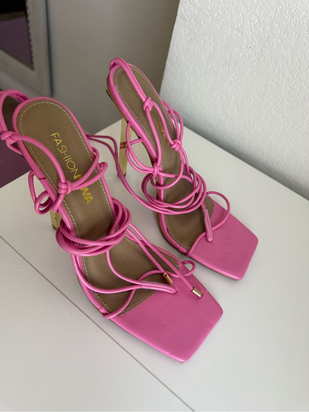 Fashion Nova Hot Pink Lace-Up Square Toe Heels - Picture 2 of 3